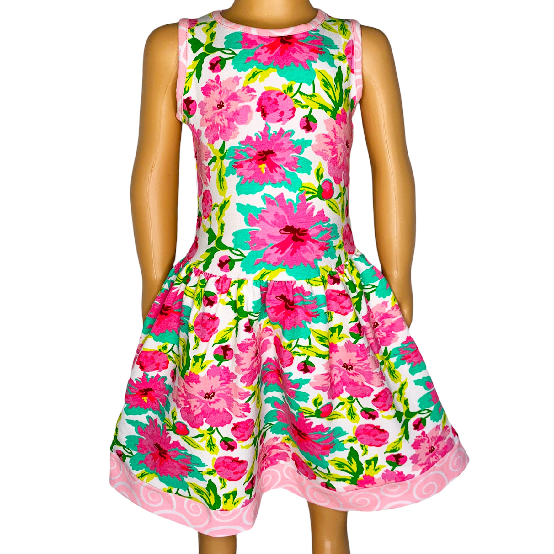 AnnLoren Little & Big Girls Floral Dress in green and pink, showcasing a vibrant floral pattern and sleeveless design, perfect for spring and summer.